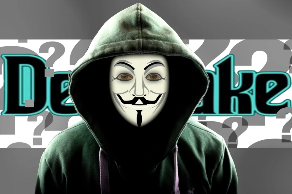 A person wearing a mask with a question mark in the background
