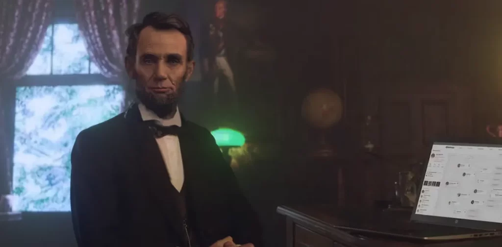 Abraham Lincoln in a tuxedo standing in front of a piano