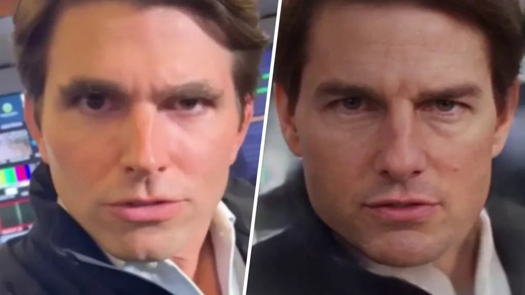 Two men with different facial expressions on their faces (Tom Cruise)