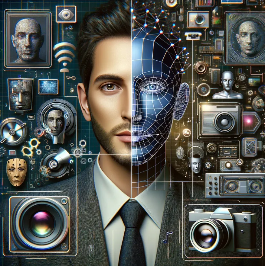 A man in a suit and tie is surrounded by technology