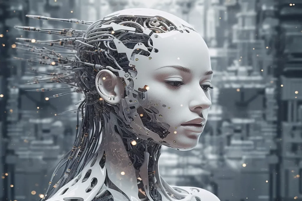 A woman's head is shown with a futuristic city in the background