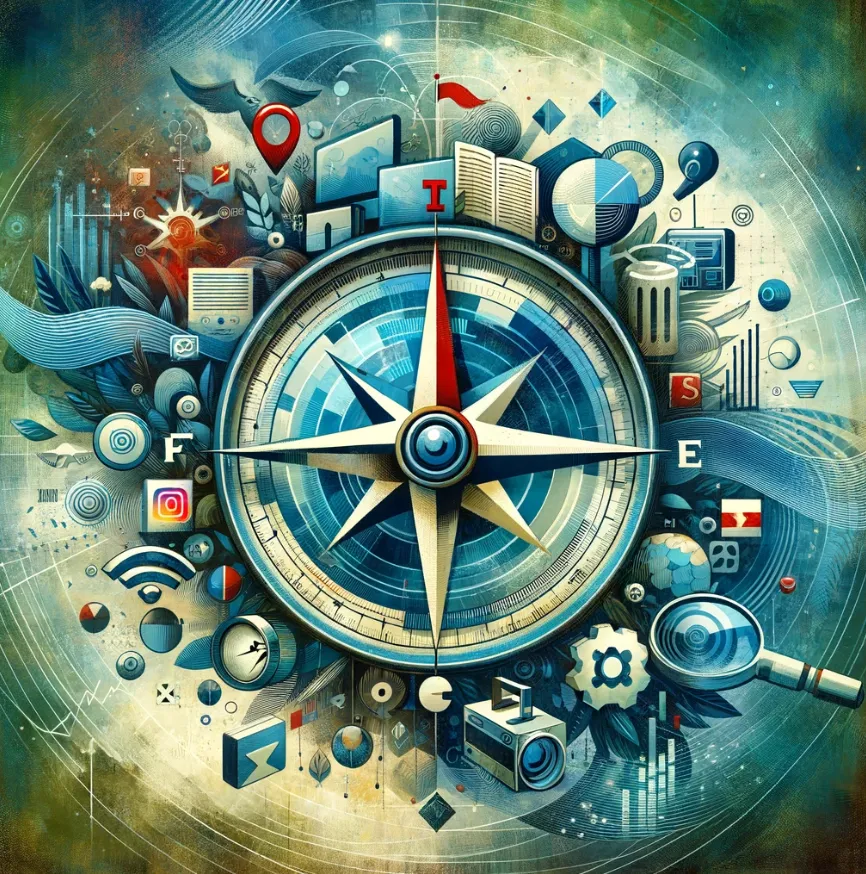 A painting of a compass surrounded by other items