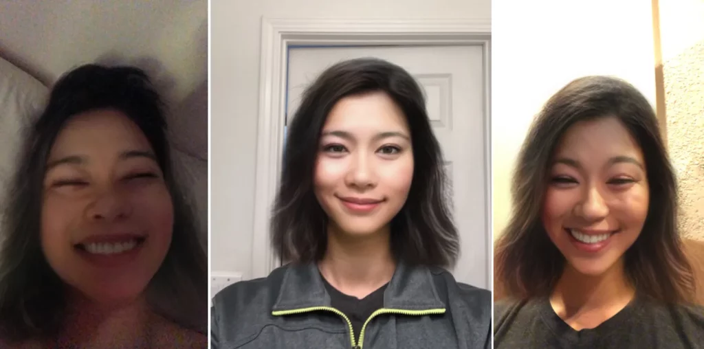 Three different pictures of a woman with different facial expressions